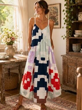 SEA NEW YORK blue and white Red patchwork Tanya midi dress XS